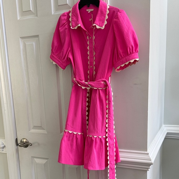 Avara Pink Scallop-Trim Tie-Waist Mini Dress -NWT - Picture 4 of 6